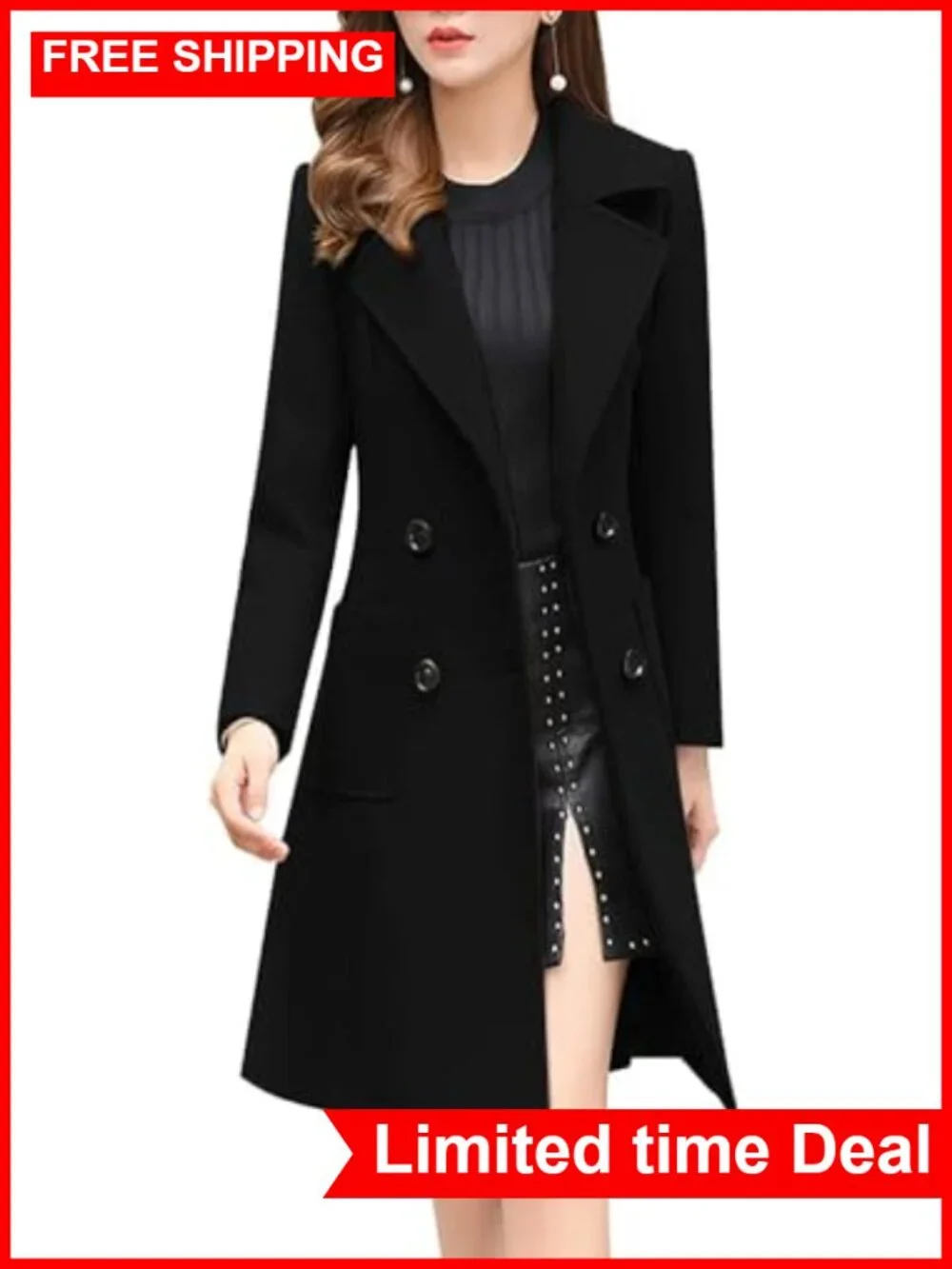 Wool Blend Pea Coat Double Breasted Notched Lapel Mid Length Winter